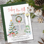 Decking New Halls Christmas Door Number Moving Announcement<br><div class="desc">All in one holiday moving announcement and christmas card personalized with your new address and christmas greeting. It is lettered with Decking New Halls in casual handwriting. The watercolor design features a festive front door with wreath,  your door number,  christmas tree,  presents,  snowman and lantern.</div>