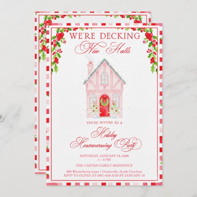 Decking New Halls Christmas Housewarming Invitation (Front/Back)