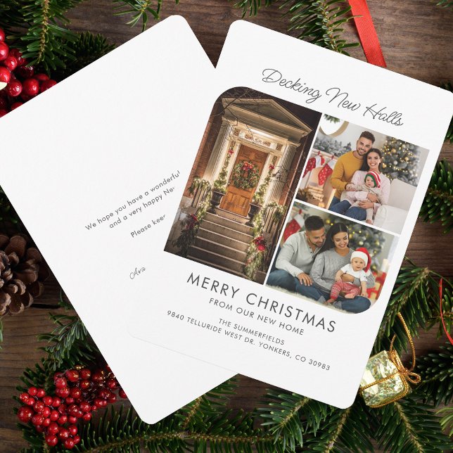 Decking New Halls Family Photos Christmas Moving Holiday Card (Decking New Halls Christmas Family Photo Collage Moving Address Announcement)
