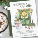 Decking New Halls Festive Christmas Door Moving Announcement<br><div class="desc">We're Decking New Halls 2 in 1 Christmas card and moving announcement. Festive christmas front door, decorated with holly wreath and garland. The scene is set with cozy home elements including glowing lantern, christmas tree, snowman and sledge. It is lettered with "We're Decking new halls" and the rest of the...</div>