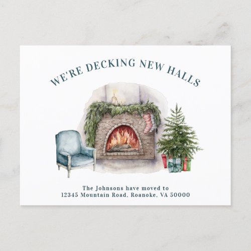 Decking New Halls Fireplace Christmas Tree Moving Announcement Postcard