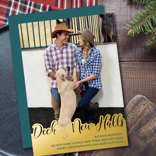 Decking New Halls Hand Lettered Vertical Photo Foil Holiday Card