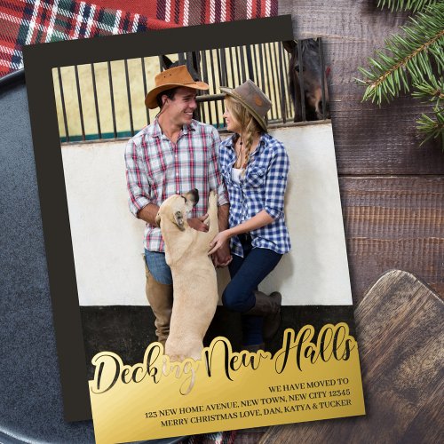 Decking New Halls Handwritten Vertical Photo Foil Holiday Card