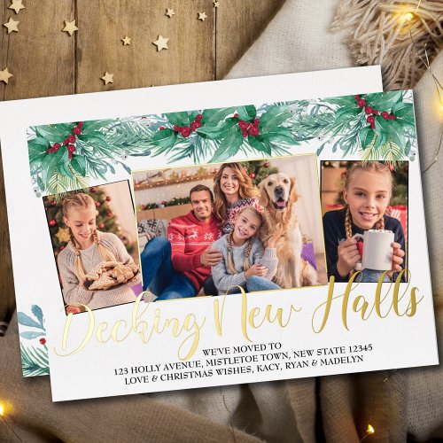 Decking New Halls Holly and Mistletoe 3 Photo Foil Holiday Card