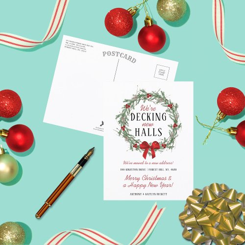 Decking New Halls  Modern Holiday Moving Announcement Postcard