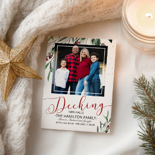 Decking New Halls Red Calligraphy Christmas Moving Holiday Postcard