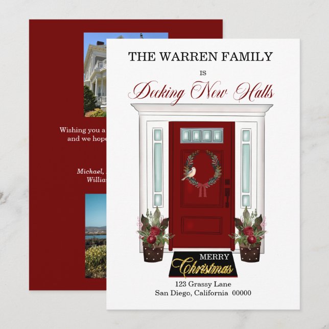 Decking New Halls Red Door Christmas Photo Moving Holiday Card (Front/Back)