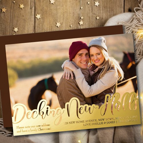 Decking New Halls Single Photo Calligraphy Gold Foil Holiday Card