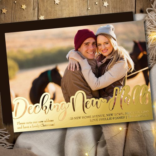 Decking New Halls Single Photo Cut Lettering Gold Foil Holiday Card