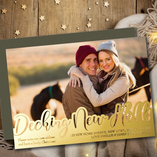 Decking New Halls Single Photo Handwritten Gold  Foil Holiday Card