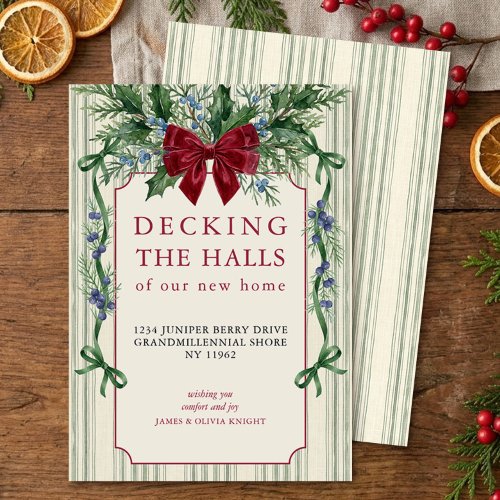 Decking New Halls Vintage Stripe Christmas Moving Holiday Card