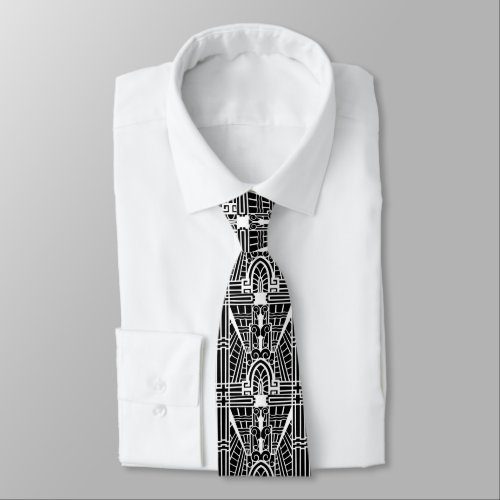 Deco Architectural Pattern Black and White Neck Tie