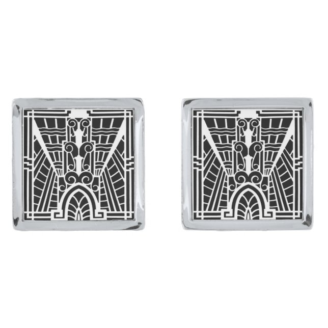 Deco Architectural Pattern, Black and White Silver Cufflinks (Front)