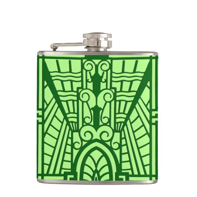 Deco Architectural Pattern, Light Jade Green Flask (Front)