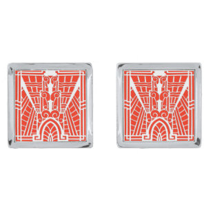 Deco Architectural Pattern, Mandarin Orange Silver Cufflinks