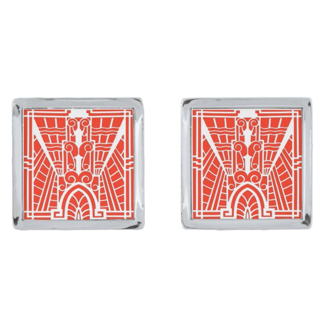 Deco Architectural Pattern, Mandarin Orange Silver Cufflinks (Front)