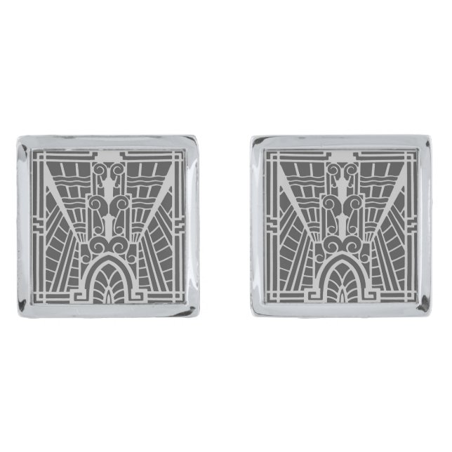 Deco Architectural Pattern, Silver Gray / Grey Cufflinks (Front)