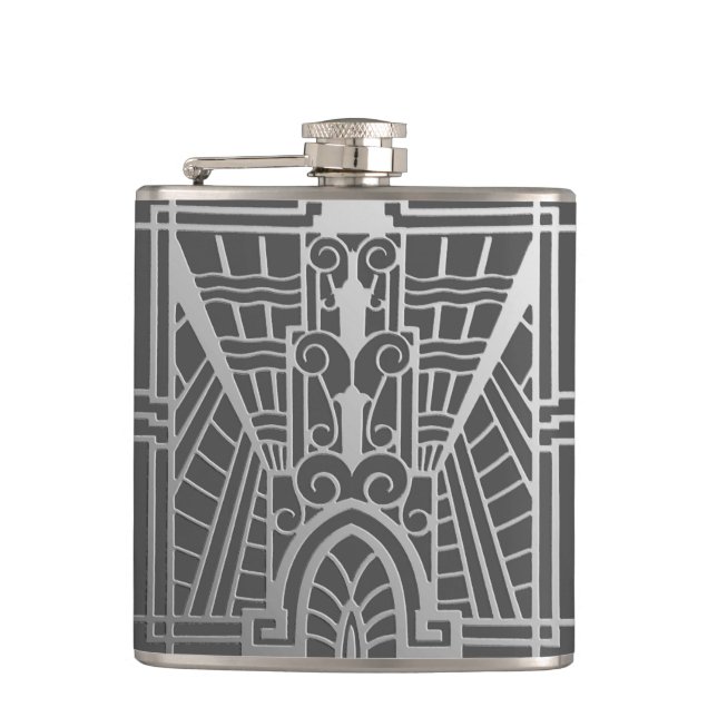 Deco Architectural Pattern, Silver Gray / Grey Hip Flask (Front)