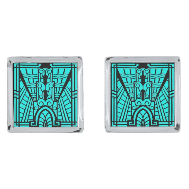 Deco Architectural Pattern, Turquoise and Black Cufflinks (Front)