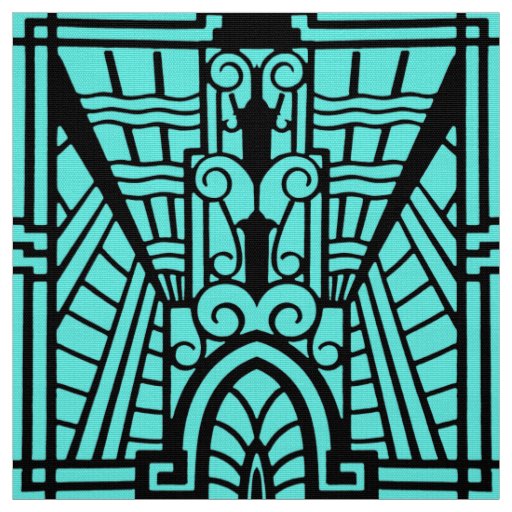 Deco Architectural Pattern, Turquoise and Black Fabric