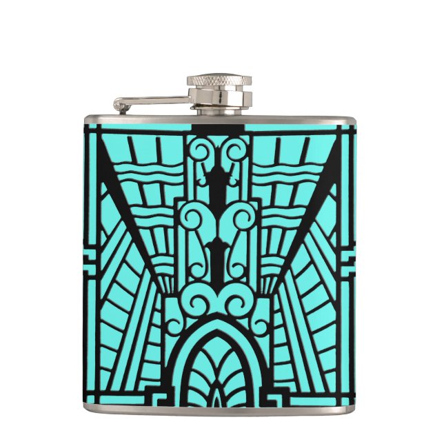 Deco Architectural Pattern, Turquoise and Black Flask (Front)