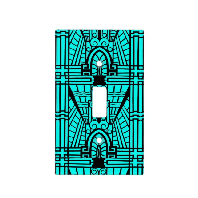 Deco Architectural Pattern, Turquoise and Black Light Switch Cover (Front)