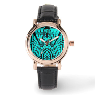 Deco Architectural Pattern, Turquoise and Black Watch
