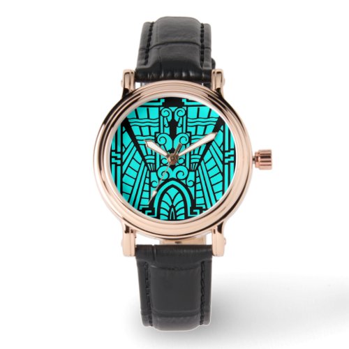 Deco Architectural Pattern Turquoise and Black Watch