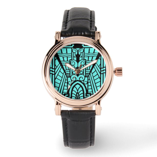 Deco Architectural Pattern, Turquoise and Black Watch (Front)