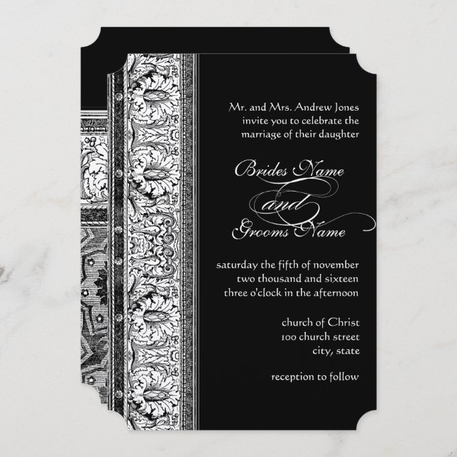 Deco Black Damask Wedding Invitations (Front/Back)