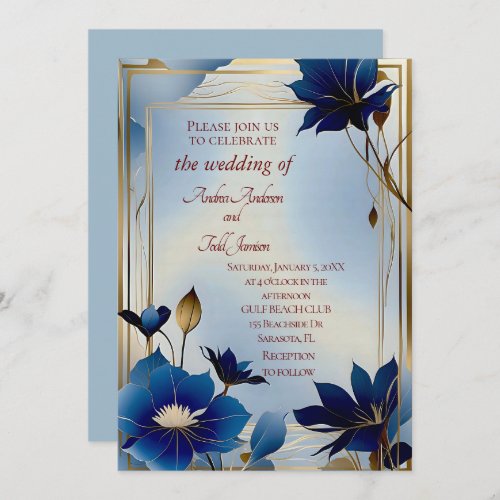 Deco blue flower wedding  invitation