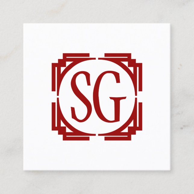 Deco Box - Initials - Ruby Red Square Business Card (Front)