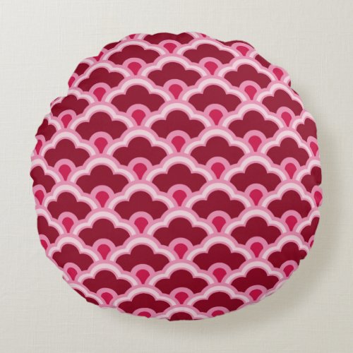 Deco Chinese Scallops Burgundy Wine and Pink Round Pillow