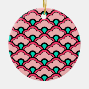 Deco Chinese Scallops, Coral Pink and Turquoise Ceramic Ornament