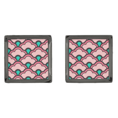 Deco Chinese Scallops Coral Pink and Turquoise Gunmetal Finish Cufflinks
