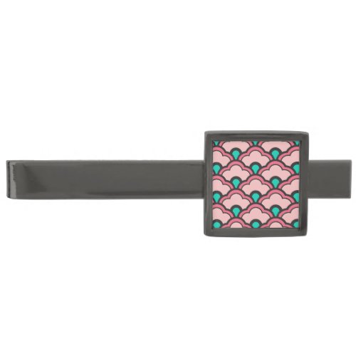Deco Chinese Scallops Coral Pink and Turquoise Gunmetal Finish Tie Clip