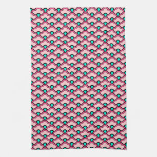 Deco Chinese Scallops, Coral Pink and Turquoise Kitchen Towel