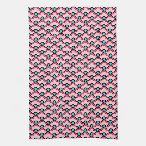 Deco Chinese Scallops Coral Pink and Turquoise Kitchen Towel