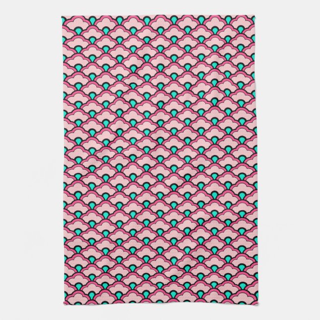 Deco Chinese Scallops, Coral Pink and Turquoise Kitchen Towel (Vertical)