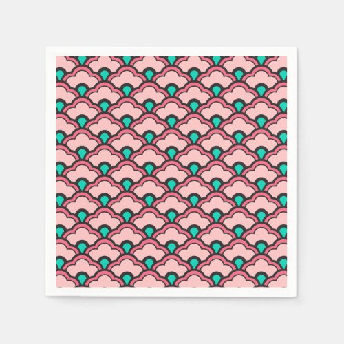 Deco Chinese Scallops Coral Pink and Turquoise Paper Napkins