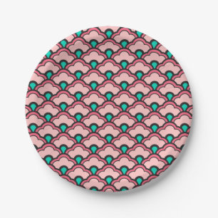 Deco Chinese Scallops, Coral Pink and Turquoise Paper Plates
