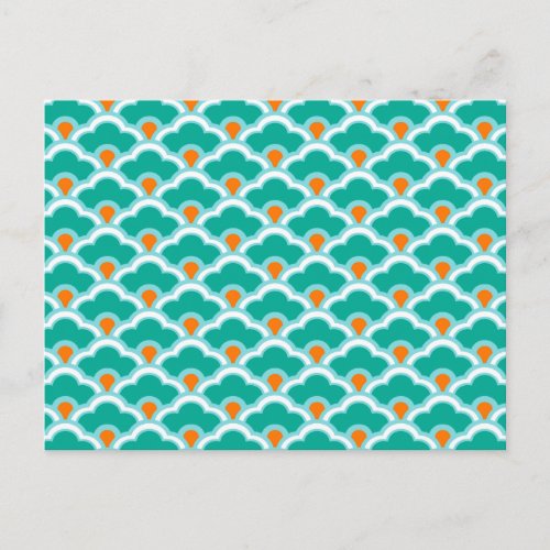 Deco Chinese Scallops Coral Pink and Turquoise Postcard