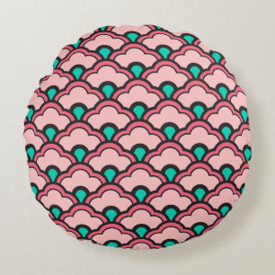 Deco Chinese Scallops, Coral Pink and Turquoise Round Pillow