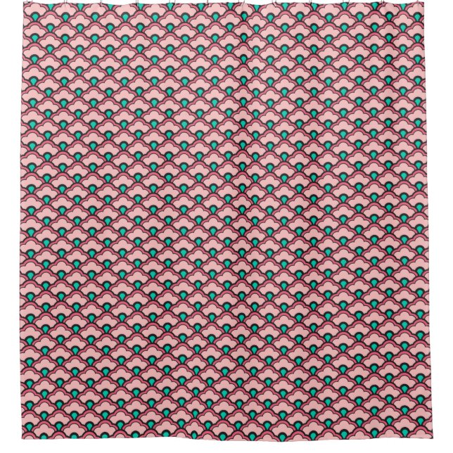 Deco Chinese Scallops, Coral Pink and Turquoise Shower Curtain (Front)