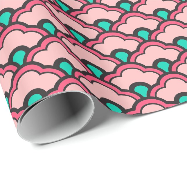 Deco Chinese Scallops, Coral Pink and Turquoise Wrapping Paper (Roll Corner)