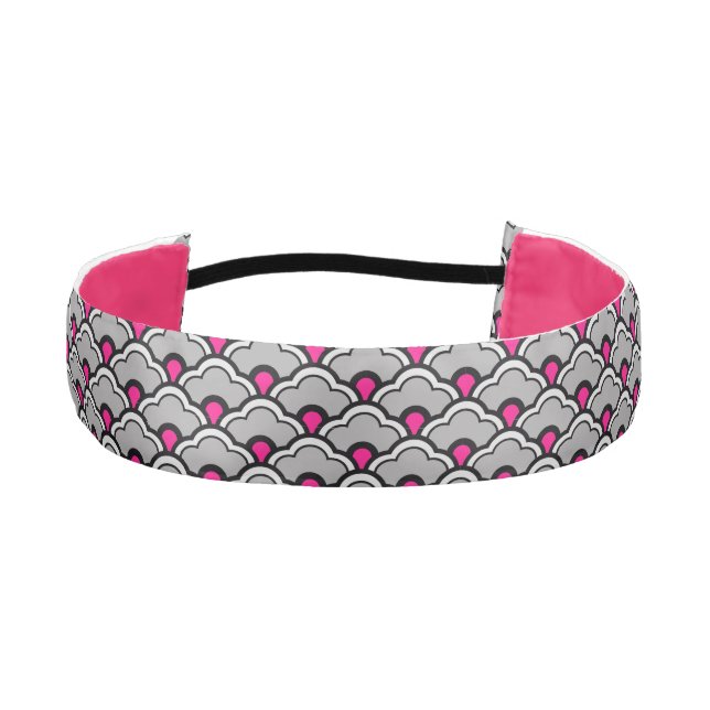 Deco Chinese Scallops, Grey / Gray, Black and Pink Athletic Headband (Front)
