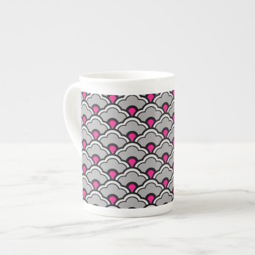 Deco Chinese Scallops Grey  Gray Black and Pink Bone China Mug