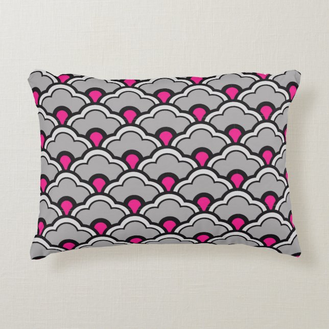 Deco Chinese Scallops, Grey / Gray, Black and Pink Decorative Pillow (Front)