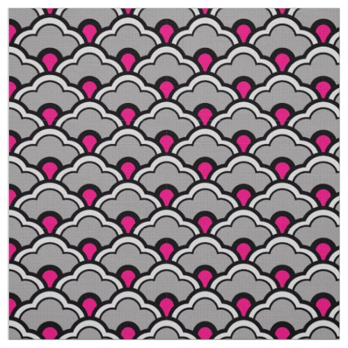 Deco Chinese Scallops Grey  Gray Black and Pink Fabric