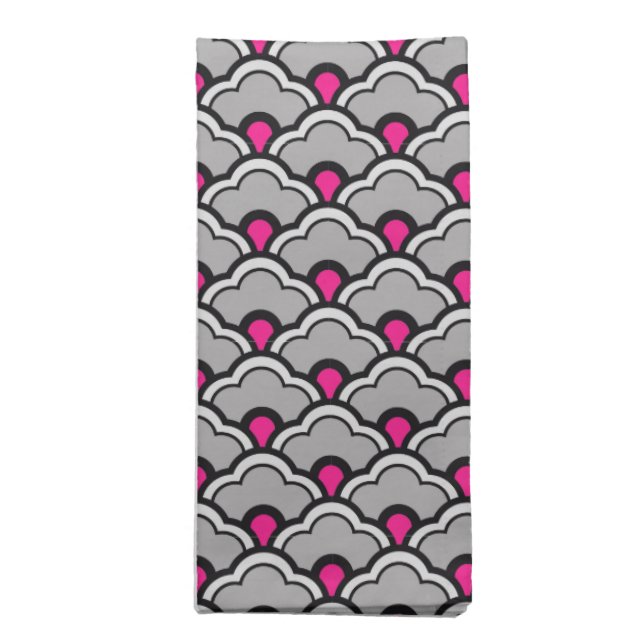 Deco Chinese Scallops, Grey / Gray, Black and Pink Napkin (Folded)